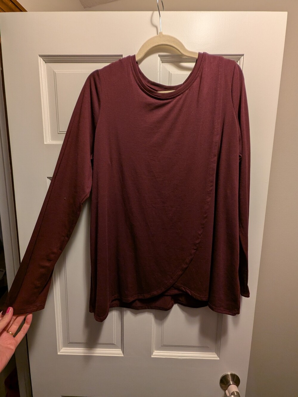 Motherhood Long-Sleeve Layered Front Top in Deep Burgundy